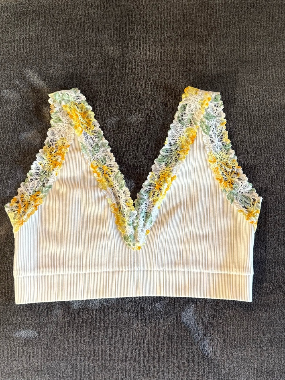 “Pink” Ribbed Lace-Trim V-Neck Camisole Bralette - White with Yellow Accents M